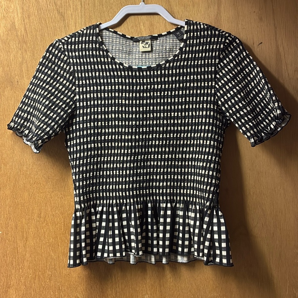 Scotch & Soda Black and White Shirred Peplum Blouse XS